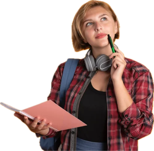 Studentessa con quaderno e cuffie che riflette su una domanda, rappresentazione FAQ recupero anni scolastici Diploma CSC