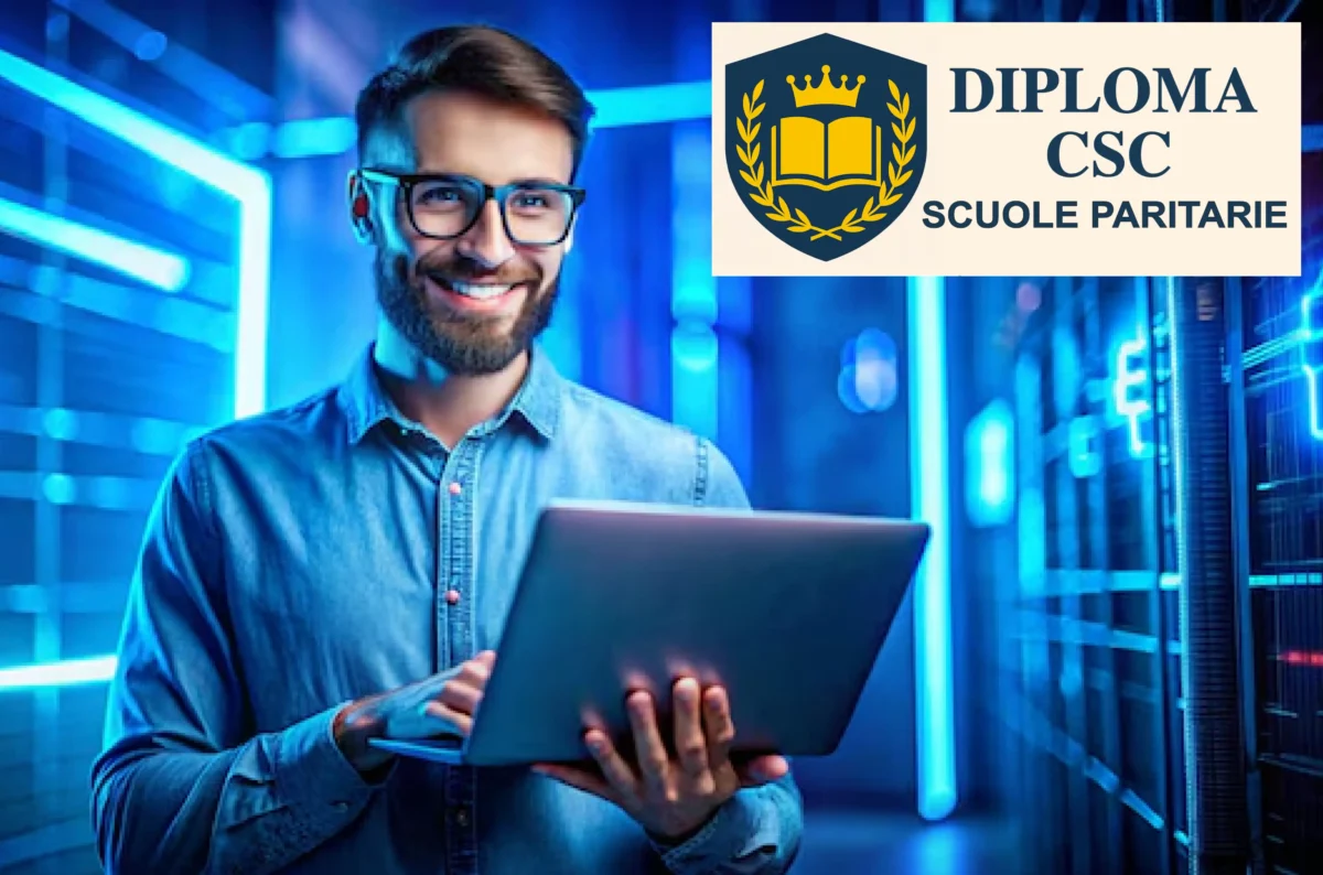 Studente del corso Informatica e Telecomunicazioni online mentre utilizza un laptop in ambiente tecnologico