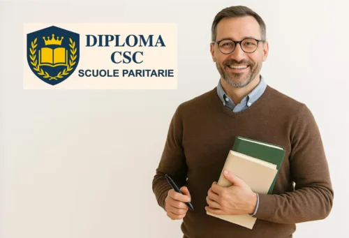 Adulto con libri pronto a riprendere la scuola dopo anni con Diploma CSC