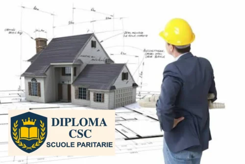Tecnico geometra osserva un progetto edilizio durante il percorso per conseguire il diploma Geometra con Diploma CSC.