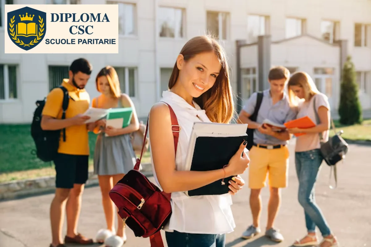 Studentessa con libri in mano davanti a un istituto scolastico, immagine dedicata al recupero anni scolastici a Bologna con Diploma CSC.