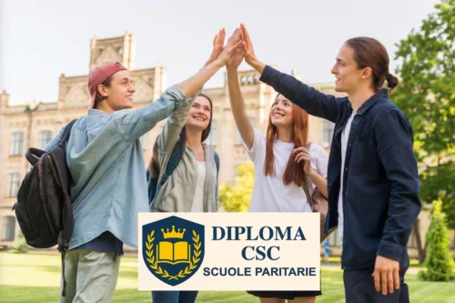 Studenti che festeggiano il successo scolastico con un gesto di squadra, immagine dedicata al recupero anni scolastici a Formia con Diploma CSC.