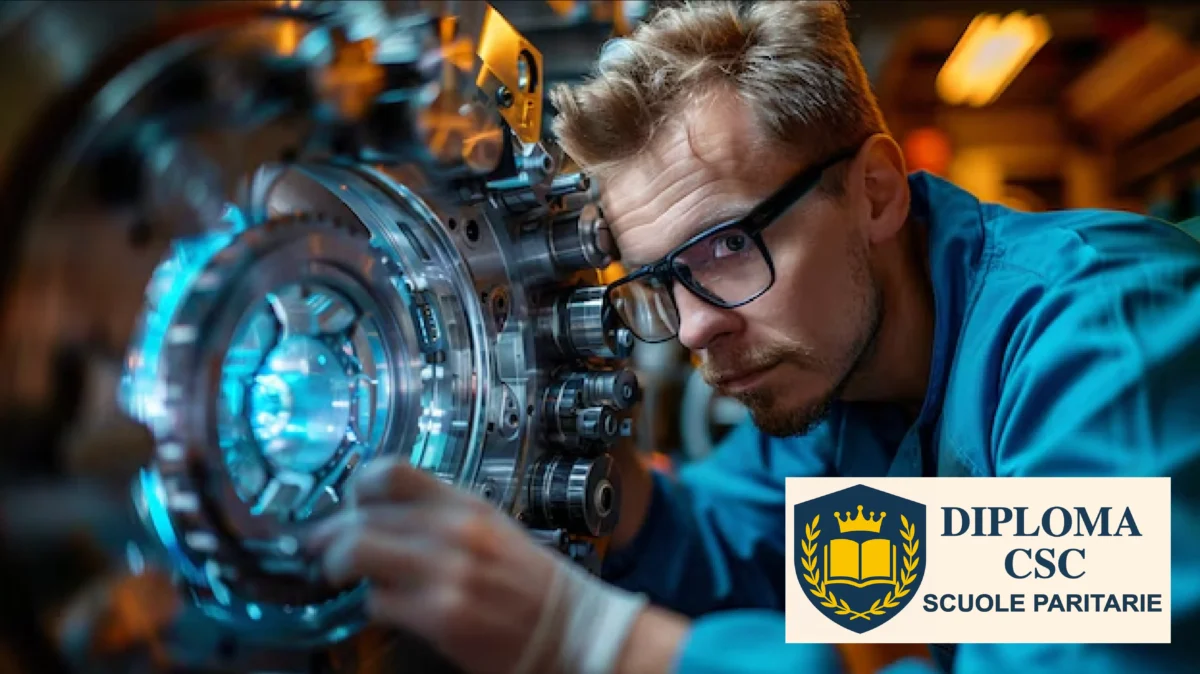 Studente del percorso Meccanica, Meccatronica ed Energia impegnato in attività tecnica su macchinari industriali durante una formazione online con Diploma CSC.