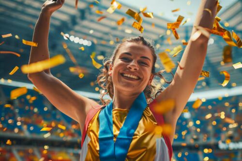 Studentessa del Liceo Sportivo festeggia una vittoria sportiva durante una competizione, simbolo di impegno, disciplina e successo scolastico.