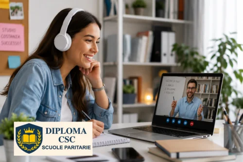 Ragazza felice segue una lezione online con tutor dedicato al computer per conseguire il diploma online a Bergamo con Diploma CSC.