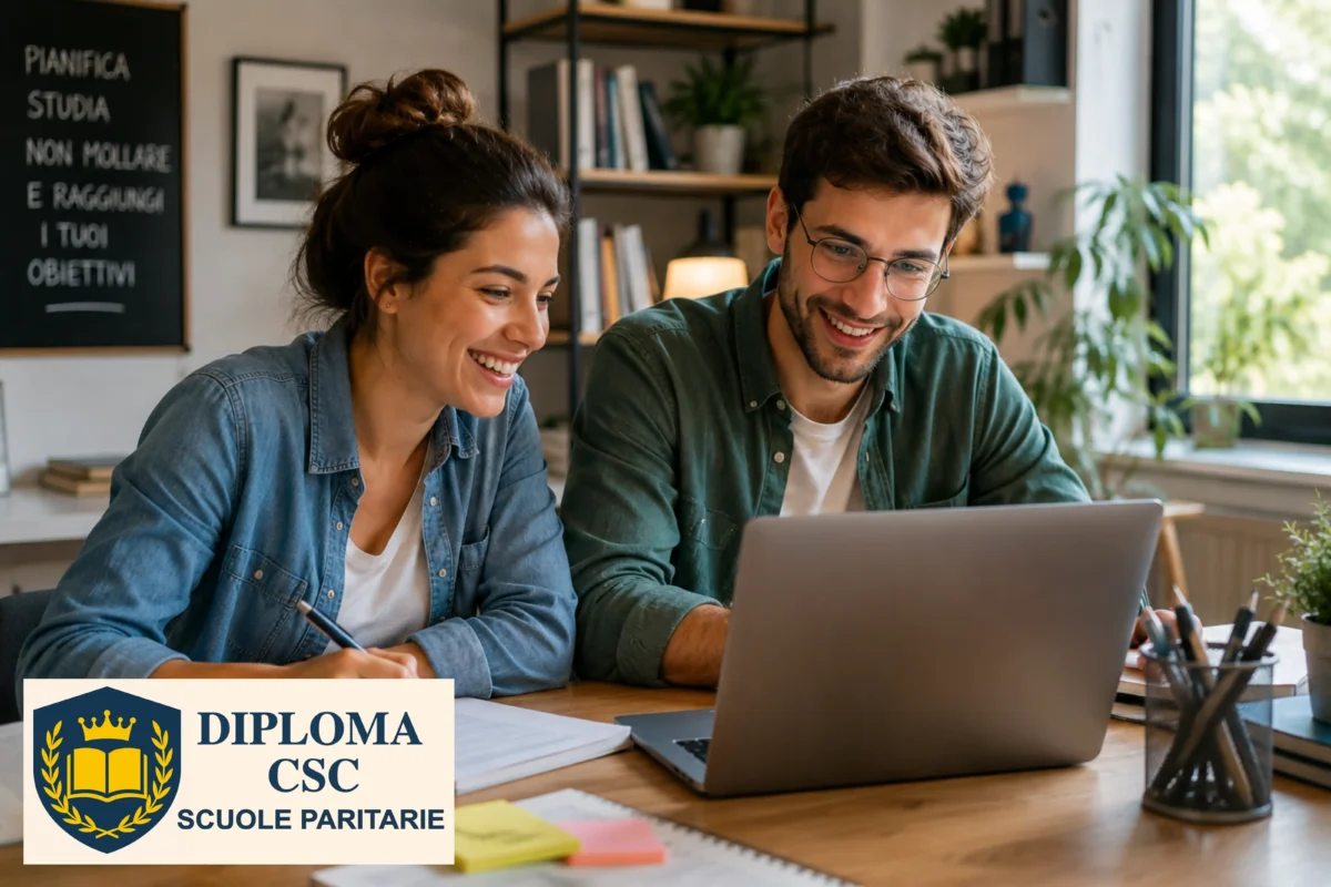 Due studenti adulti felici studiano online al computer con Diploma CSC per il recupero anni scolastici a Bergamo e il conseguimento del diploma.