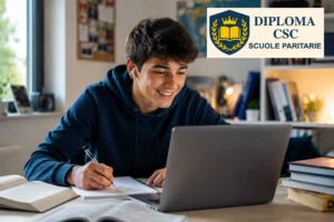 Studente al computer durante un percorso di recupero anni scolastici DSA con Diploma CSC